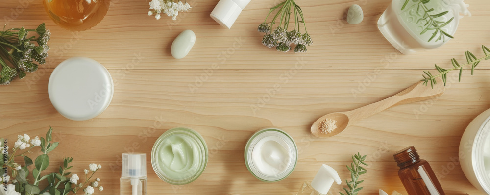 A top-down view of a selection of skincare products, such as moisturizing cream, face serum, and a jade roller, beautifully displayed on a light wooden table. A top-down view of a selection of skincare products, such as moisturizing cream, face serum, and a jade roller, beautifully displayed on a light wooden table.