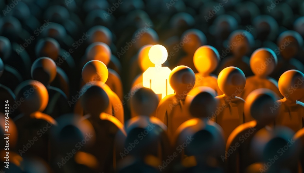 Obraz premium Illuminated Figure in a Crowd of Wooden Figures