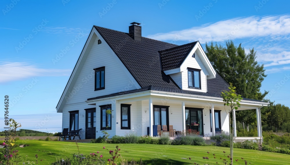 Modern White House With Black Roof And Green Lawn On A Sunny Day Modern White House With Black Roof And Green Lawn On A Sunny Day