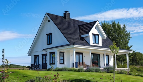 Wallpaper Mural Modern White House With Black Roof And Green Lawn On A Sunny Day Torontodigital.ca