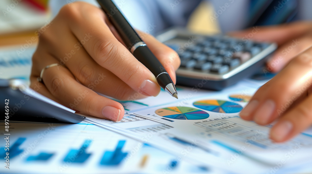 Accounting company, businesswoman working with calculator, the man is sitting at the table, holding a pen and paper, while looking intently at a calculator, people is working on a paper