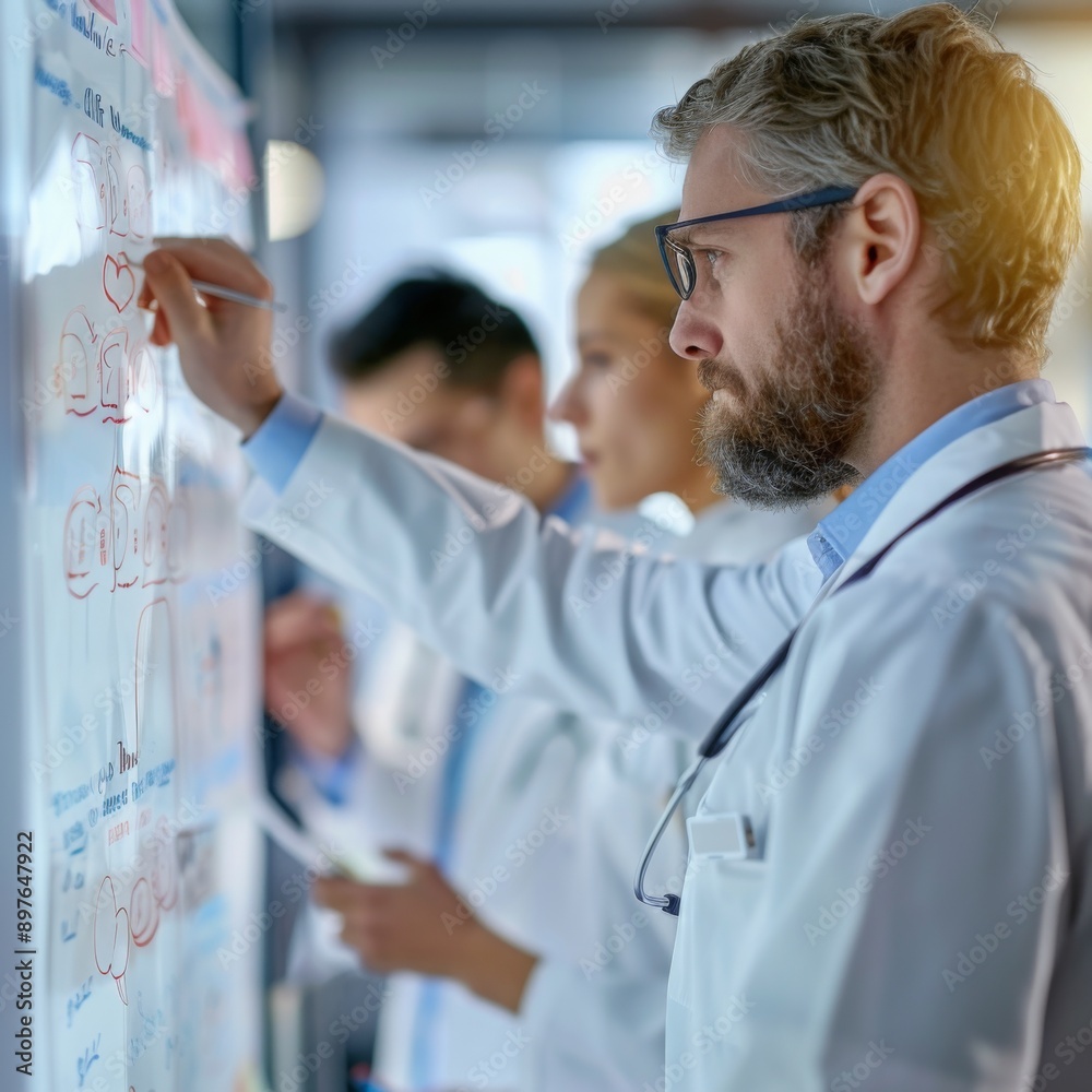 Team of medical professionals in lab coats working together on a whiteboard, discussing and analyzing medical diagrams and data Team of medical professionals in lab coats working together on a whiteboard, discussing and analyzing medical diagrams and data