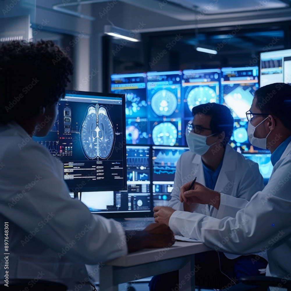 Medical professionals wearing masks and lab coats analyzing brain scans on computer screens in a high-tech laboratory Medical professionals wearing masks and lab coats analyzing brain scans on computer screens in a high-tech laboratory