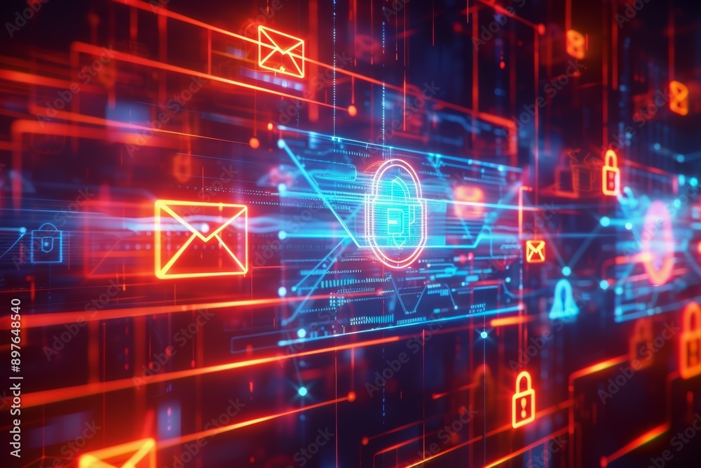 A vibrant, digital background featuring email icons, padlocks, and data streams, symbolizing cybersecurity and digital communication A vibrant, digital background featuring email icons, padlocks, and data streams, symbolizing cybersecurity and digital communication