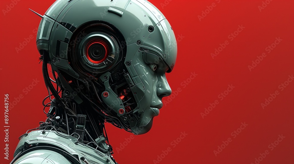 Futuristic Robot with a Red Background, Ideal for Sci-Fi Concepts and Technology Branding Futuristic Robot with a Red Background, Ideal for Sci-Fi Concepts and Technology Branding