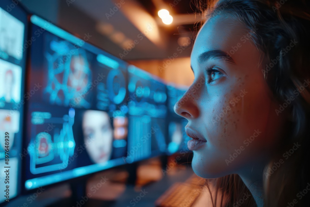 A woman in a dark room stares intently at a computer screen displaying data and faces. The blue glow from the screen illuminates her profile. A woman in a dark room stares intently at a computer screen displaying data and faces. The blue glow from the screen illuminates her profile.