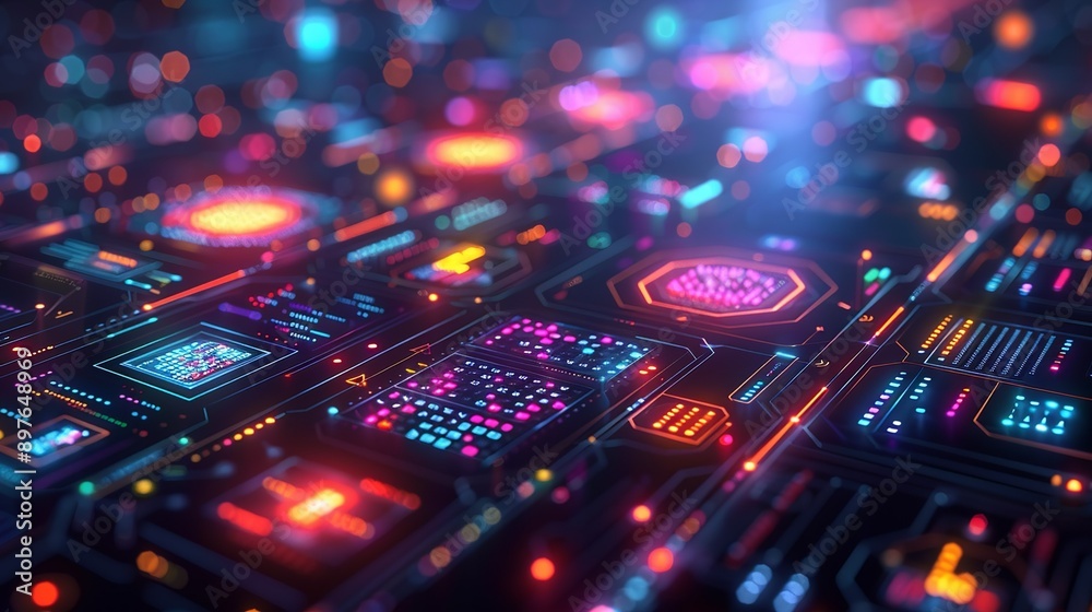 Fototapeta premium Dynamic modular background depicting a sleek, responsive interface with real-time data visualization, reflecting the adaptability and interactivity of modern tech ecosystems and AI algorithms