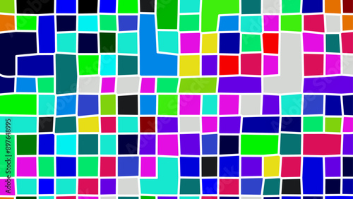 Mosaic with uneven multicolor squares and white contour. Vector abstract background