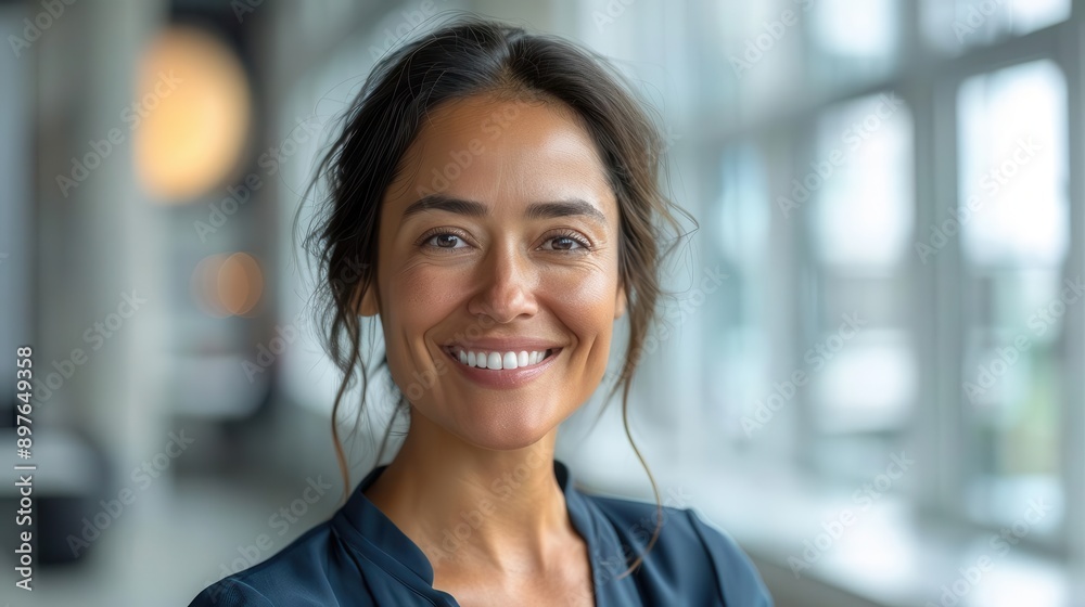 A woman with a bright smile, looking directly at the camera, with a blurred background. A woman with a bright smile, looking directly at the camera, with a blurred background.