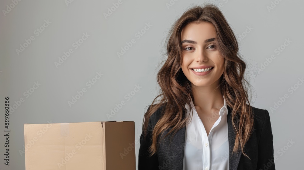 A smiling woman in professional attire stands beside a cardboard box, exuding confidence and approachability in a modern setting A smiling woman in professional attire stands beside a cardboard box, exuding confidence and approachability in a modern setting