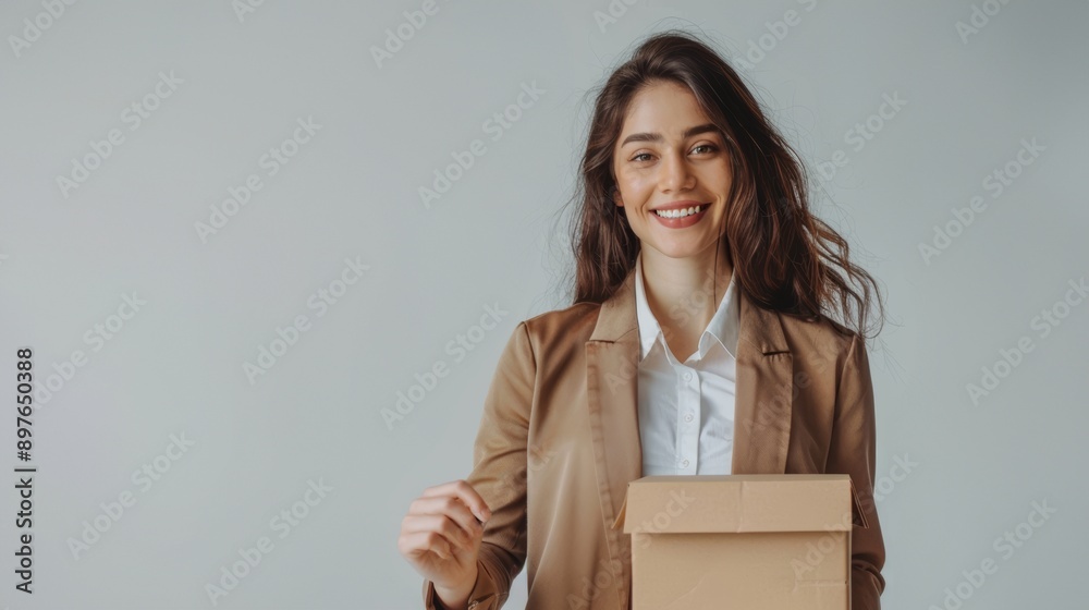 A smiling woman in a brown blazer holds a cardboard box, conveying a sense of professionalism and friendliness against a neutral background A smiling woman in a brown blazer holds a cardboard box, conveying a sense of professionalism and friendliness against a neutral background