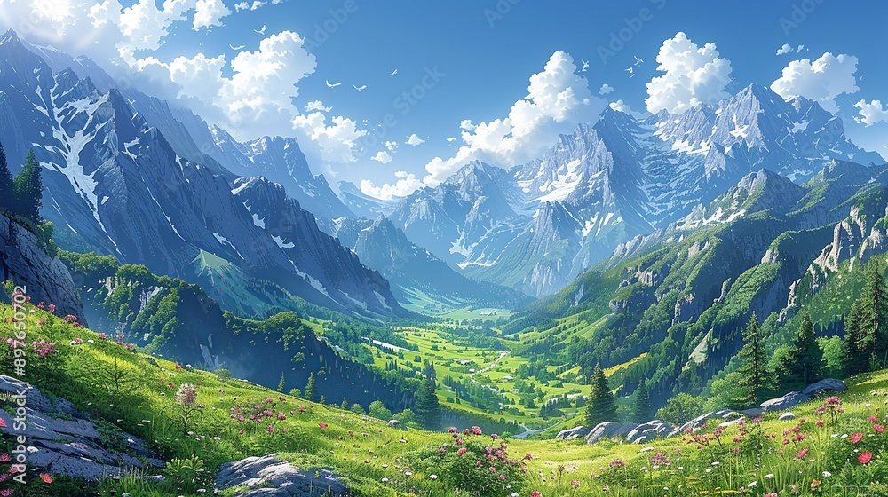 Obraz premium Scenic alpine meadow with blooming flowers, verdant valleys, and misty mountain peaks under a sunlit sky, offering a picturesque and tranquil nature background image. Watercolor style, high
