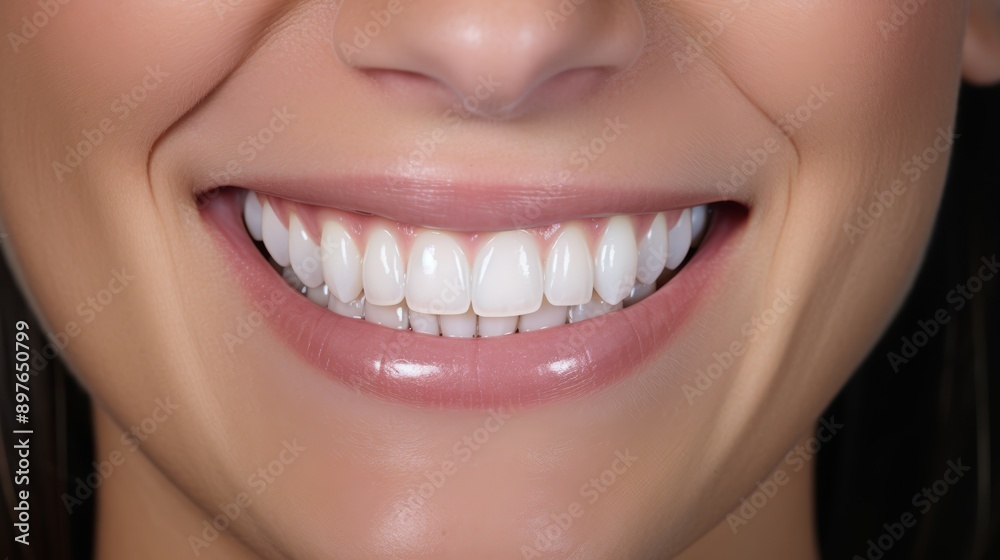A close-up of a smiling person displaying bright, white teeth and a healthy smile, showcasing dental aesthetics and confidence