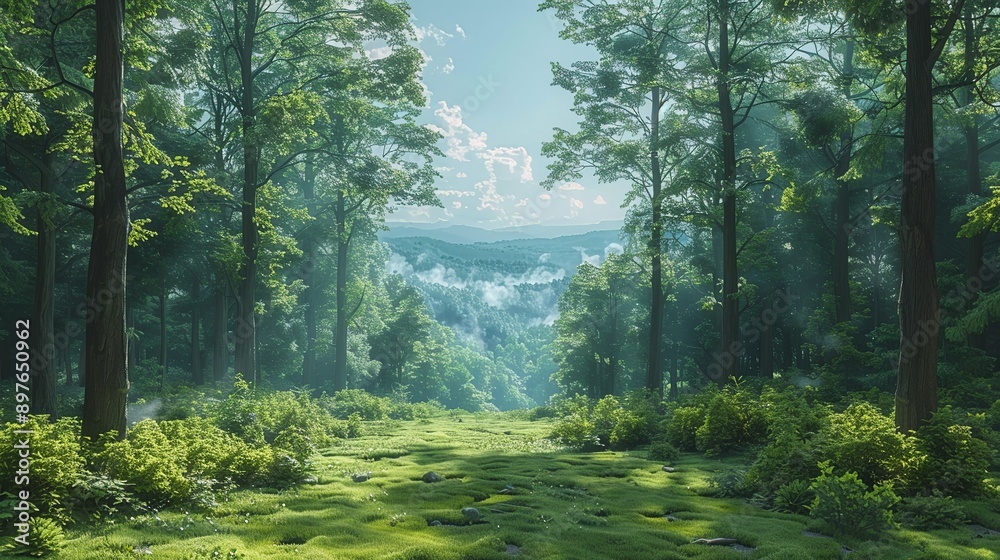 Fototapeta premium Panoramic view of a wooded forest with shadowed trees, lush undergrowth, and a misty, sunlit sky, creating a serene and picturesque nature background image. Watercolor style, high resolution
