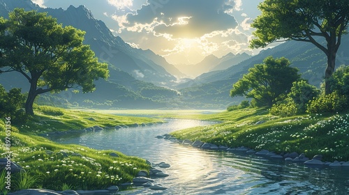 Serene riverine scene with riparian elements, featuring a sunlit, misty river winding through a lush, verdant landscape, perfect for a tranquil nature background image. Watercolor style, high
