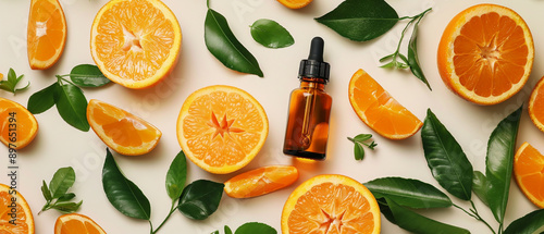 Natural vitamin c serum, skincare, essential oil products. Bottle of vitamin C serum with fresh juicy orange fruit. Beauty product branding mock-up. 