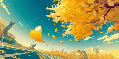 an anime style of A big one yellow ginkgo tree with it's leaf falling on a road below