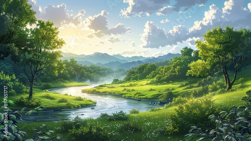 Serene riverine scene with riparian elements, featuring a misty, sunlit river winding through a lush, verdant landscape, perfect for a tranquil nature background image. Watercolor style, high