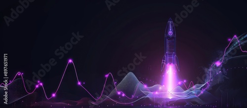 Luminous violet trajectory graph and rocket in a dark setting, suggesting futuristic business ascent.