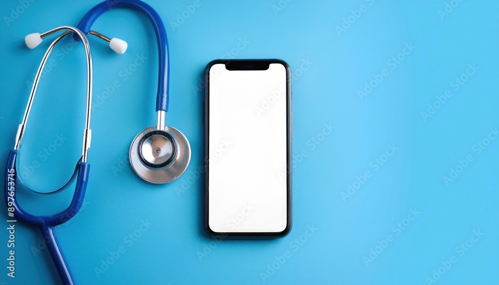 Stethoscope and Cellphone with Health App Mockup on Blue Background – White Blank Screen and Copy Space Stethoscope and Cellphone with Health App Mockup on Blue Background – White Blank Screen and Copy Space