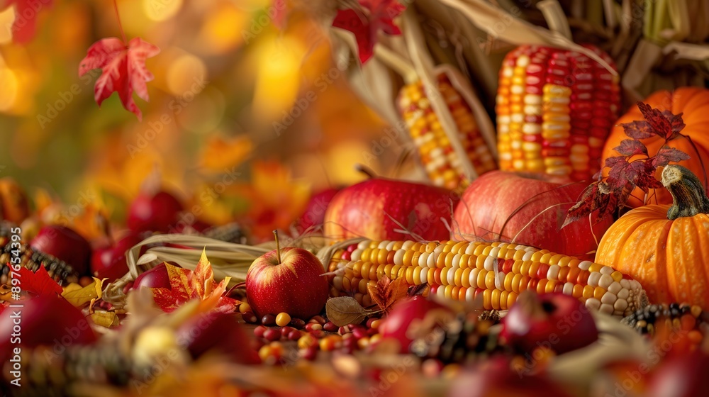 A close-up view of a table overflowing with fall harvest bounty, featuring corn, pumpkins, apples, and autumn leaves. Generative AI A close-up view of a table overflowing with fall harvest bounty, featuring corn, pumpkins, apples, and autumn leaves. Generative AI