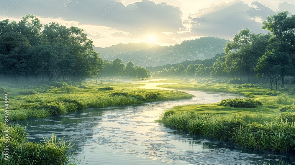 Obraz premium Serene riverine scene with riparian elements, featuring a sunlit, misty river winding through a lush, verdant landscape, perfect for a tranquil nature background image. Watercolor style, high