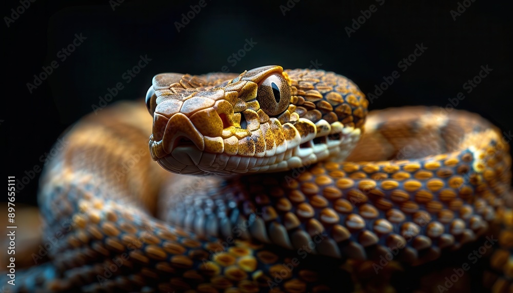 Obraz premium Depict a panoramic banner with a rattlesnake stretching across, its texture detailed against a black background, with ample space for copy on the sides