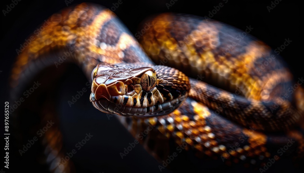 Depict a panoramic banner with a rattlesnake stretching across, its texture detailed against a black background, with ample space for copy on the sides Depict a panoramic banner with a rattlesnake stretching across, its texture detailed against a black background, with ample space for copy on the sides
