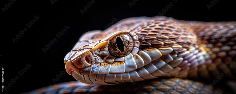 Depict a rattlesnake midstrike, against a black background, crafted as a vertical banner with space for copy on the top and bottom Depict a rattlesnake midstrike, against a black background, crafted as a vertical banner with space for copy on the top and bottom