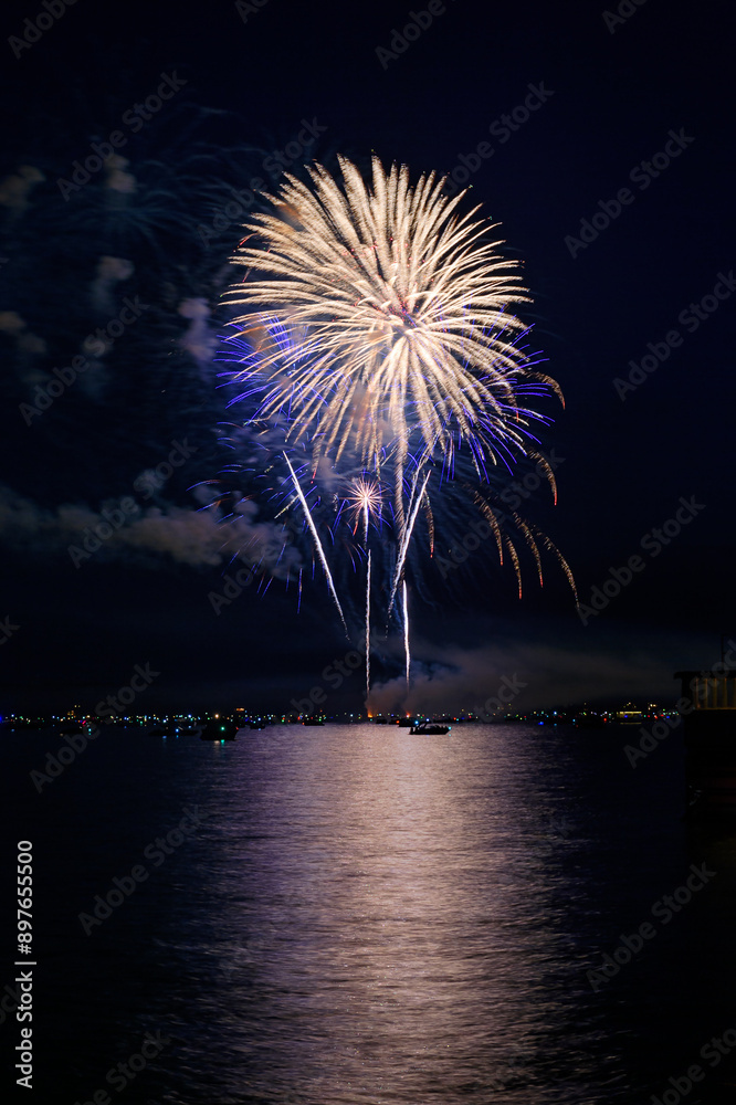 Fireworks Explode Over Lake With Boats - 4297