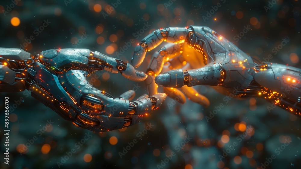 Two Metallic Robot Hands Reaching Towards Each Other in a Futuristic Setting