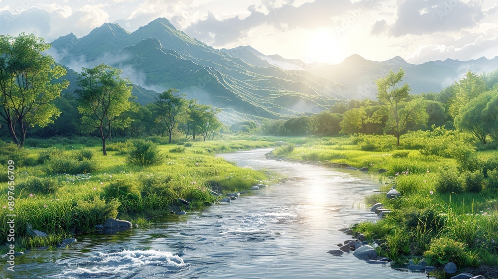Serene riverine scene with riparian elements, featuring a sunlit, misty river winding through a lush, verdant landscape, perfect for a tranquil nature background image. Watercolor style, high Serene riverine scene with riparian elements, featuring a sunlit, misty river winding through a lush, verdant landscape, perfect for a tranquil nature background image. Watercolor style, high