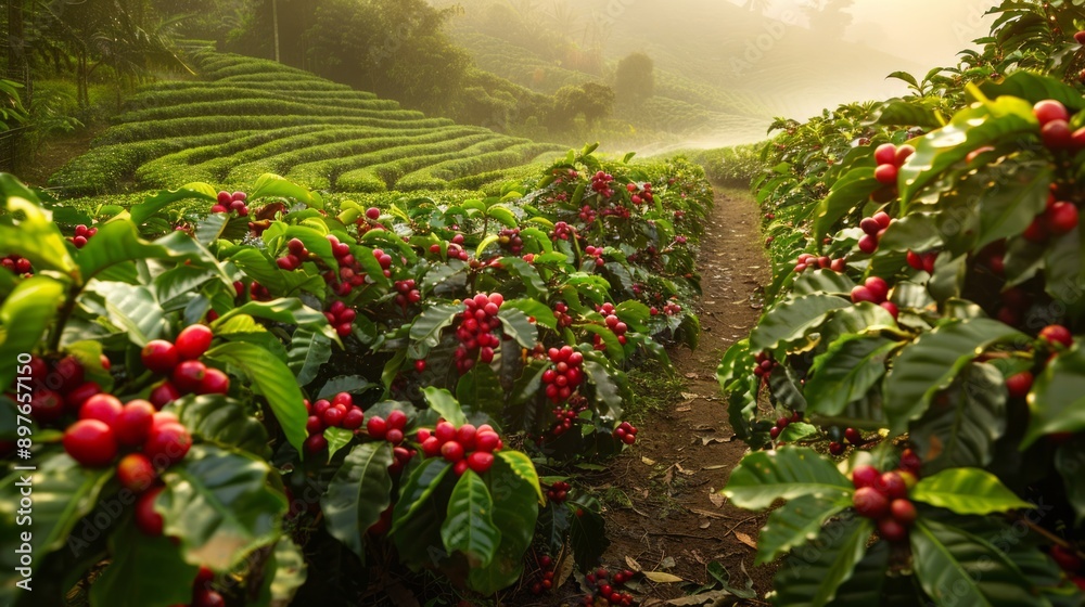 Lush coffee plantation in the mountains, abundant with ripe cherries ready for harvest. Flourishing agriculture in a rural setting