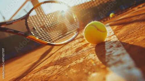 Vibrant yellow tennis ball on a clay court with a racket under the sun, evoking the excitement of sports and a healthy lifestyle