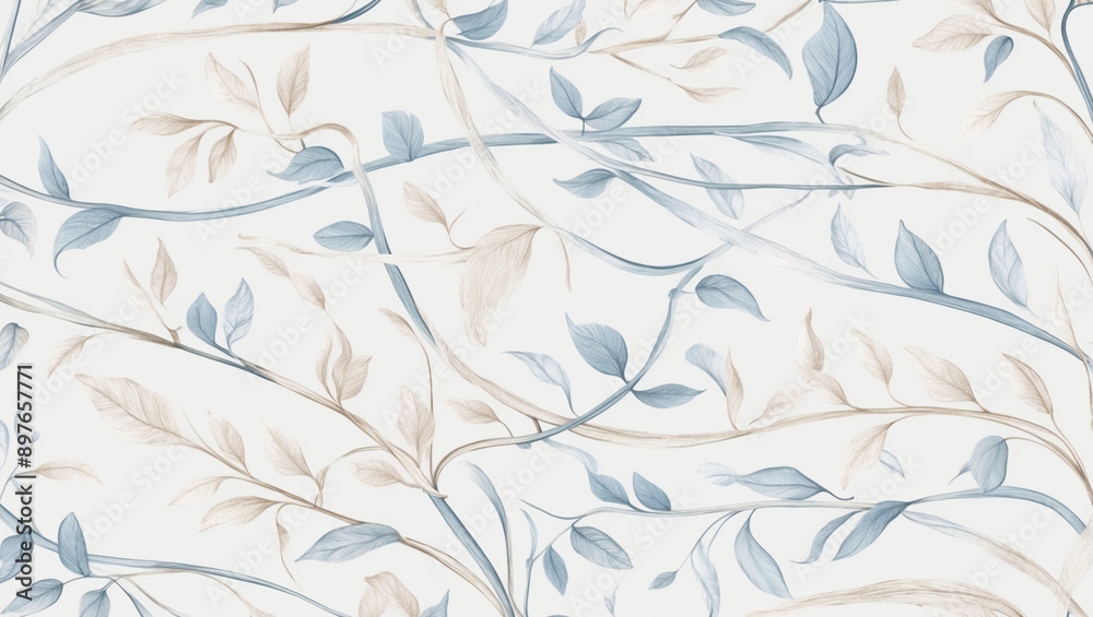 Fototapeta premium Seamless Abstract Watercolor Pattern of Delicate Blue and Brown Leaves on a White Background