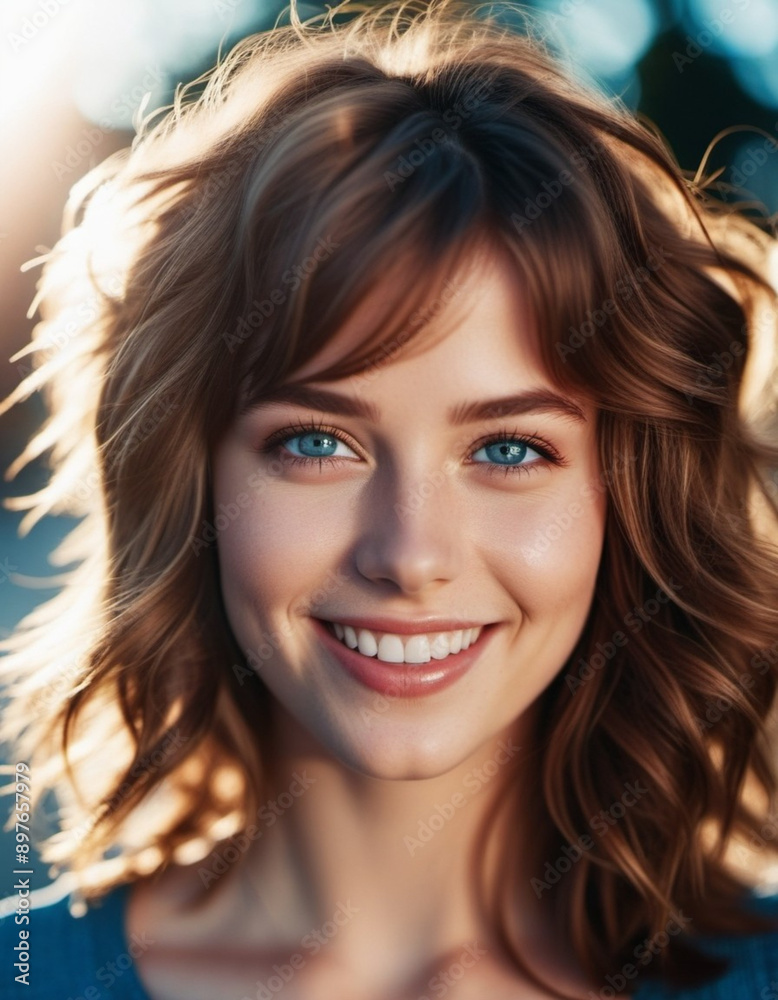 Portrait of a smiling beautiful young brown-haired girl or woman with straight flowing hair, blue eyes,plump lips, long eyelashes and white teeth. Sunny weather. Joy and happiness. AI Portrait of a smiling beautiful young brown-haired girl or woman with straight flowing hair, blue eyes,plump lips, long eyelashes and white teeth. Sunny weather. Joy and happiness. AI