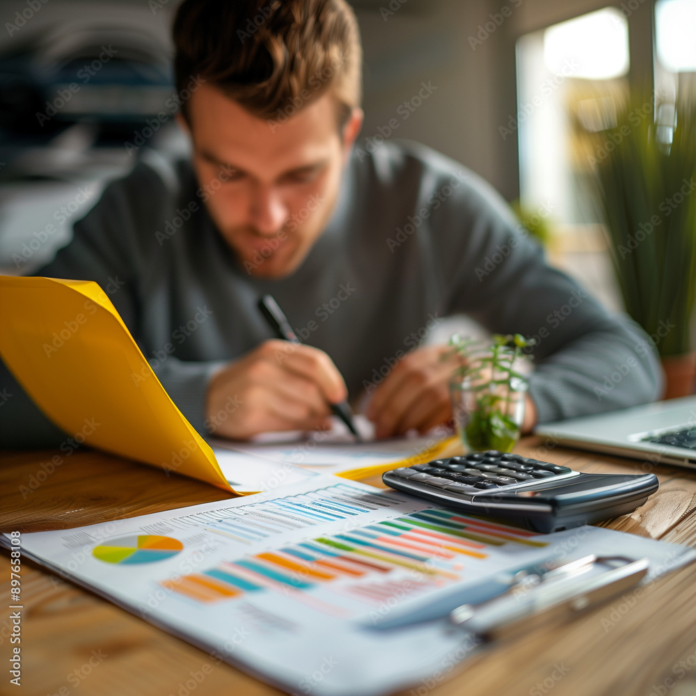 Fototapeta premium Accounting company, businesswoman working with calculator, the man is sitting at the table, holding a pen and paper, while looking intently at a calculator, people is working on a paper