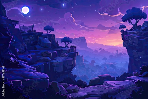 2d video game forest background, arcade play gaming level scene with ground platforms and trees.night time