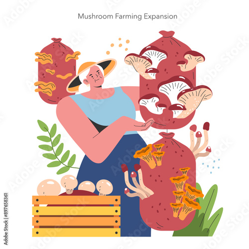 Mushroom Cultivation. Flat Vector Illustration