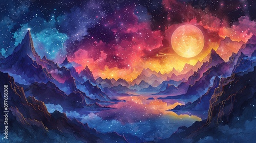 Intriguing portrayal of the multiverse, suggesting the existence of multiple universes, emphasizing the speculative and expansive nature of cosmic exploration. Watercolor style, high resolution