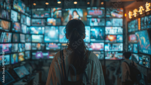 Wallpaper Mural person standing in front of a wall build out of multiple screens, an advertising video on each screen, overwhelming vibes.generative ai Torontodigital.ca