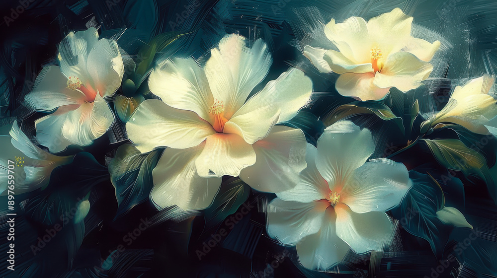Obraz premium Ethereal White Flowers Bloom on Dark Canvas Painting, Illuminated Floral Artwork, Night Garden Blossoms, Soft Petals Textured Background, Modern Decorative Art Piece, Tranquil Floral Composition