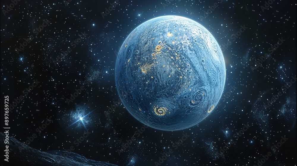 Intriguing depiction of a rogue planet, wandering through space without a host star, highlighting the mysterious and solitary objects in the universe. Watercolor style, high resolution Illustration, Intriguing depiction of a rogue planet, wandering through space without a host star, highlighting the mysterious and solitary objects in the universe. Watercolor style, high resolution Illustration,