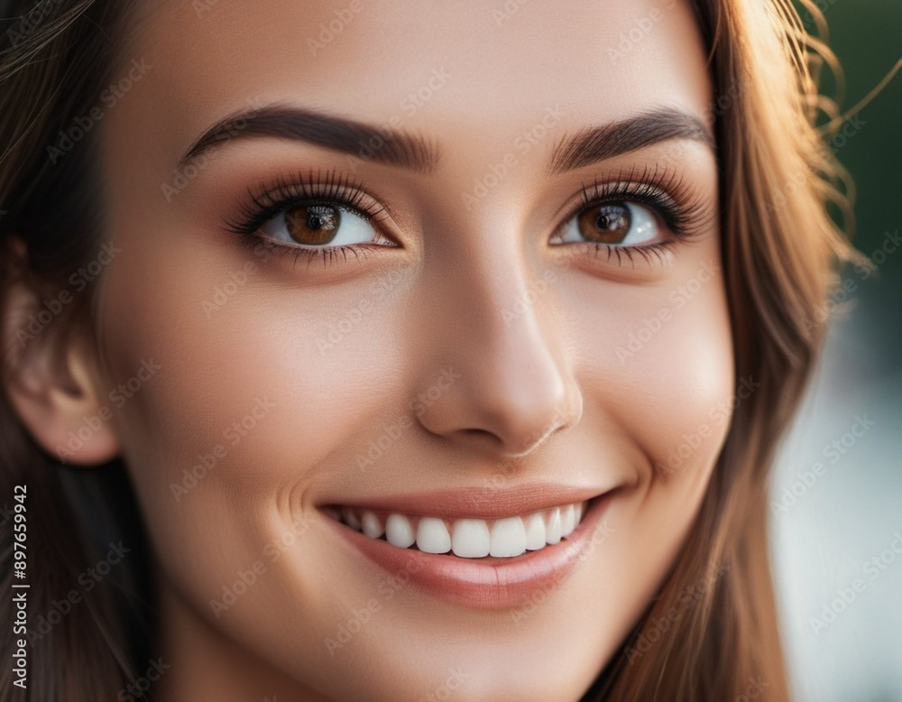Portrait of a smiling beautiful young brunette girl or woman with dark hair, brown eyes, plump lips, long eyelashes and white teeth. Sunny weather. Joy and happiness. Attractive smart look. AI Portrait of a smiling beautiful young brunette girl or woman with dark hair, brown eyes, plump lips, long eyelashes and white teeth. Sunny weather. Joy and happiness. Attractive smart look. AI
