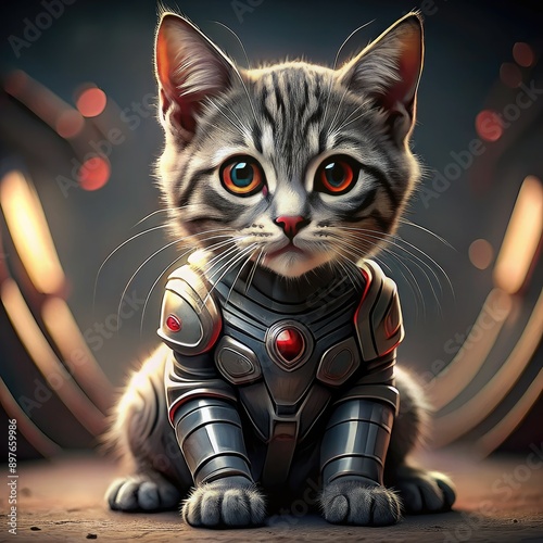 A Feline Ultron in Metallic Armor Poses for a Portrait. Generative AI photo