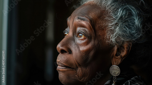 Close-up Side Profile of Elderly Black Woman Battling Loneliness and Dementia during Daytime - Emotional and Reflective Mood in Alzheimer's Concept photo