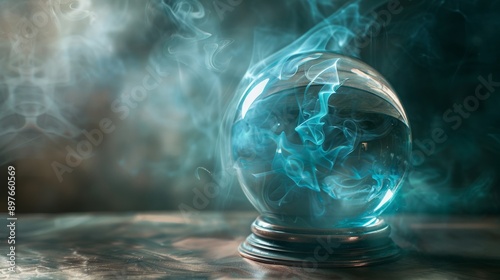 Mesmerizing crystal ball glows with turquoise smoke on a wooden table, evoking magic and mystery. Perfect for mystical projects