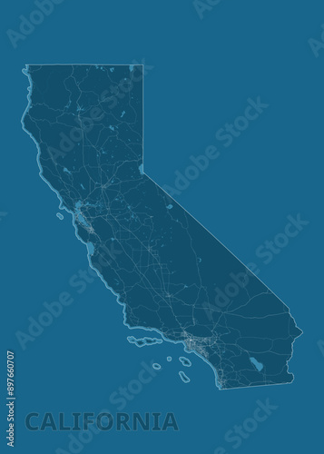California, United States artistic blueprint map poster