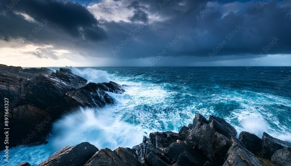 Powerful Stormy Coastline: Waves Crashing Against Rugged Cliffs and Dark Skies. Generative AI Powerful Stormy Coastline: Waves Crashing Against Rugged Cliffs and Dark Skies. Generative AI
