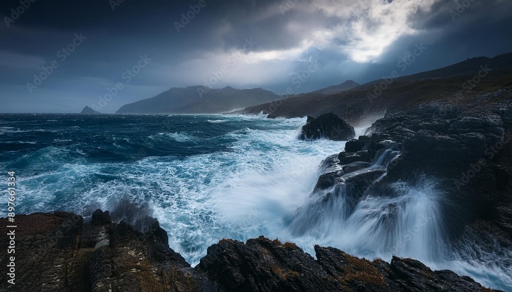 Fototapeta premium Wild Coastal Landscape: Majestic Cliffs and Turbulent Waters in a Storm. Generative AI